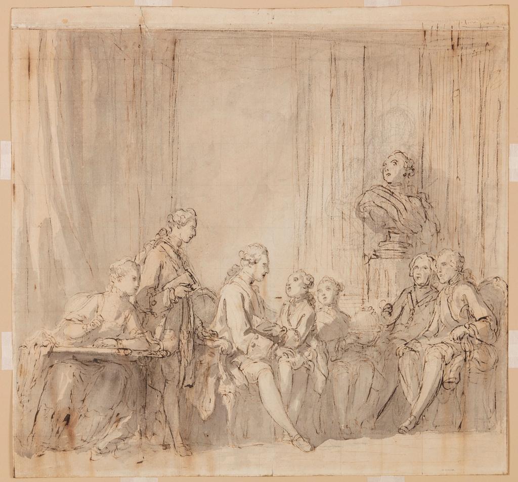 Charles Monnet (1732- 1808), Le Dauphin, fils de Louis XV, donnant la leçon à ses trois enfants, vers 1765- 1770. Pierre noire, plume et encre brune sur papier, 36 x 40,5 cm. Versailles, musée national des châteaux de Versailles et de Trianon.