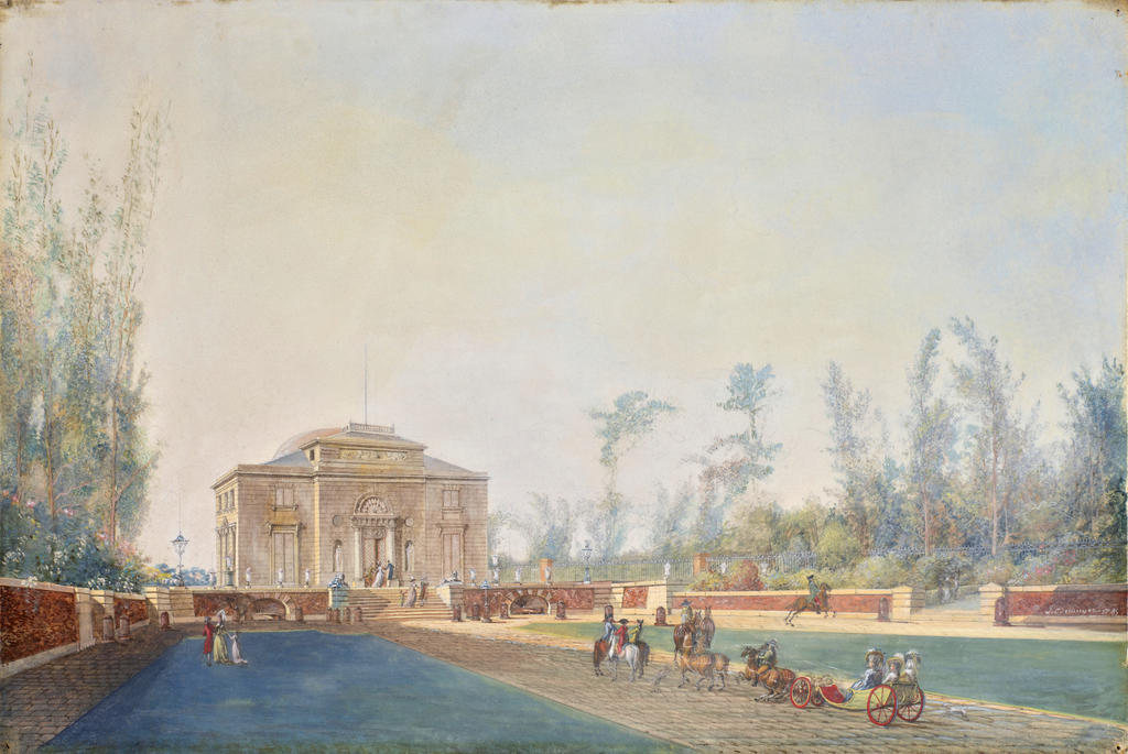 Louis Bélanger (1756-1816), Vue du pavillon de Bagatelle (détail), 1785. Gouache sur vélin, 26,5 x 39,5 cm. Versailles, musée national des châteaux de Versailles et de Trianon. 