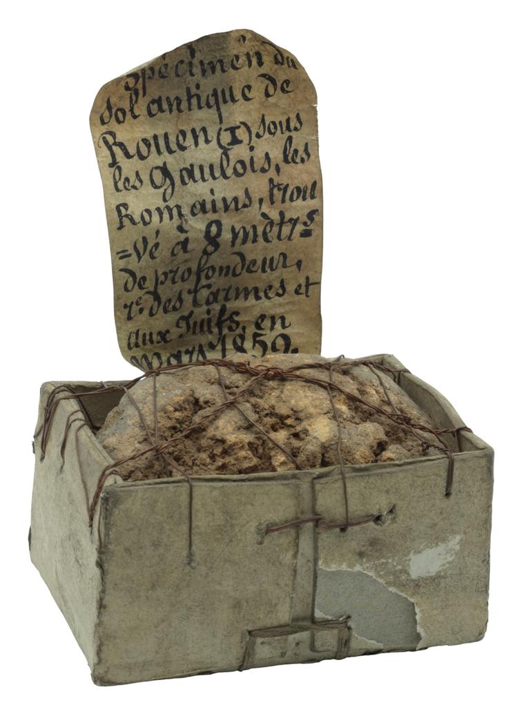 Prélèvement du sol antique de Rouen en 1859 par J.‑M. Thaurin, entre la rue des Carmes et la rue aux Juifs à Rouen. Inv. 1734.8.2 (D), musée des Antiquités de Rouen. 