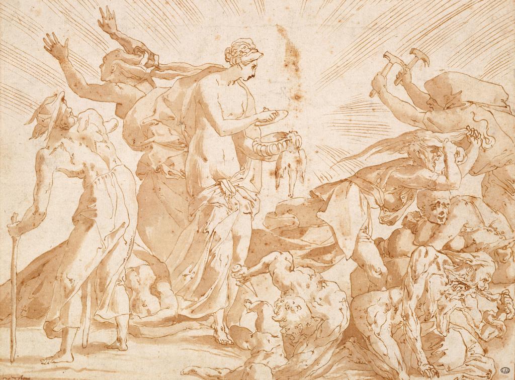 Rosso Fiorentino (1494-1540), Pandore libérant les fléaux de sa boîte (détail). Plume, encre brune et lavis brun, 24,2 x 39,3 cm. Paris, Beaux-Arts de Paris.