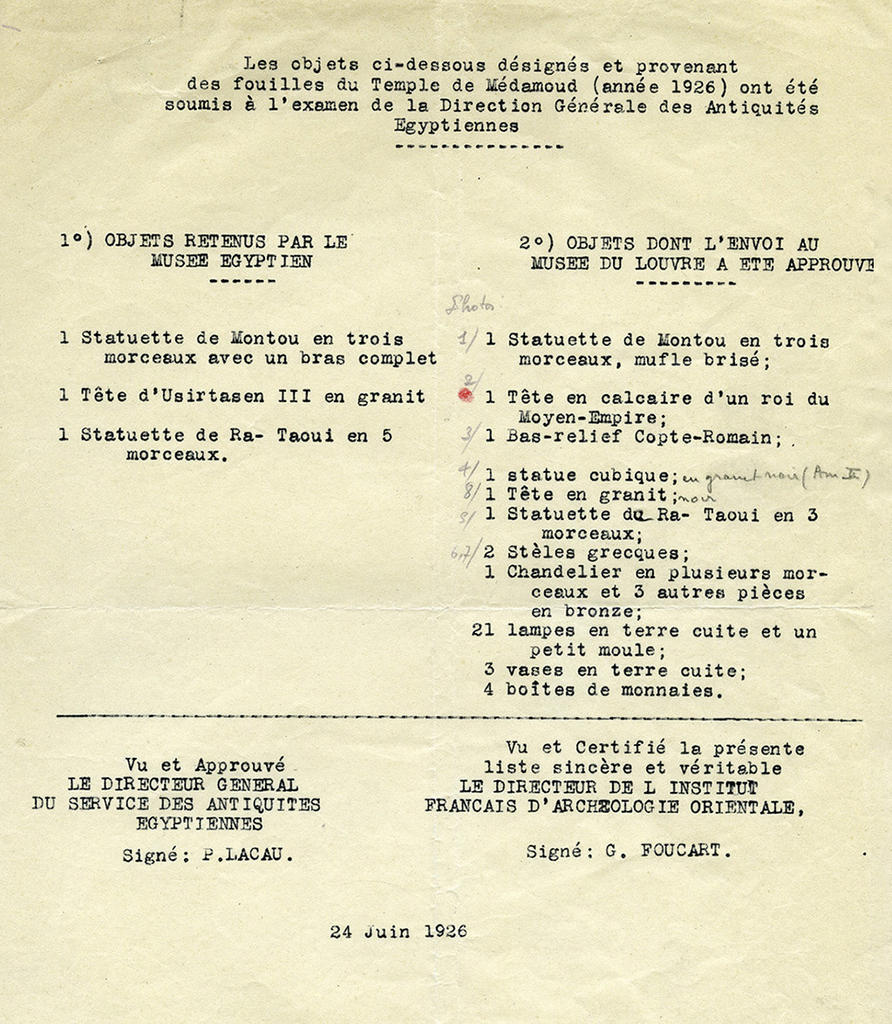 Décision du partage des fouilles entre l’Égypte et la France en 1926. Paris, musée du Louvre.